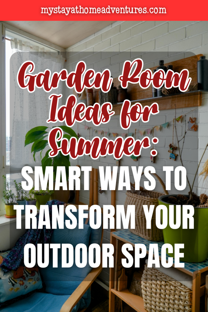 Small enclosed patio styled with cushioned seating, woven baskets, wall shelves, and potted greenery showing a practical summer garden room makeover.