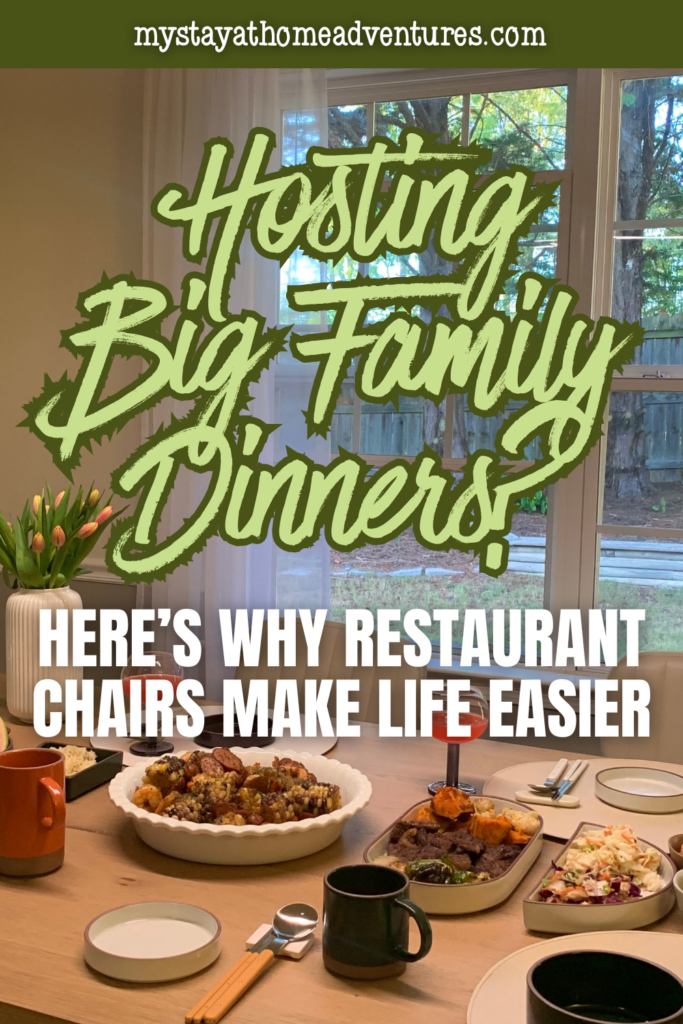 Dining table set for a large family meal with multiple place settings, emphasizing the convenience of restaurant chairs for frequent entertaining at home.