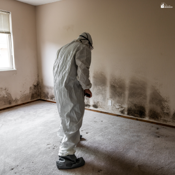 Professional wearing protective gear inspecting and treating mold damage along the lower walls of a room.
