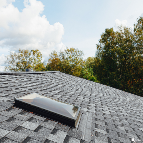Residential asphalt shingle roof with a skylight under a clear sky, illustrating energy-efficient roofing that lowers maintenance expenses and increases long-term savings.