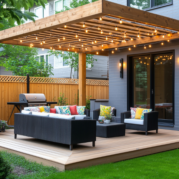 Modern backyard deck with pergola, string lights, outdoor sectional seating, grill station, and privacy fence designed for comfortable outdoor entertaining.
