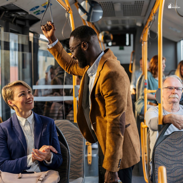 Commuters standing and sitting inside public transportation, highlighting everyday risks that first-time buyers may consider when reviewing accident insurance options.