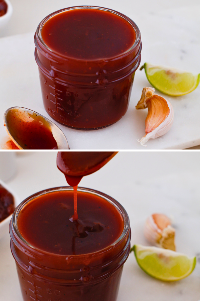 Puerto Rican guava BBQ sauce in a glass jar with spoon, smooth sweet and tangy homemade Caribbean barbecue sauce made with guava paste, lime, and garlic, perfect glaze for grilled chicken, pork, ribs, and pinchos