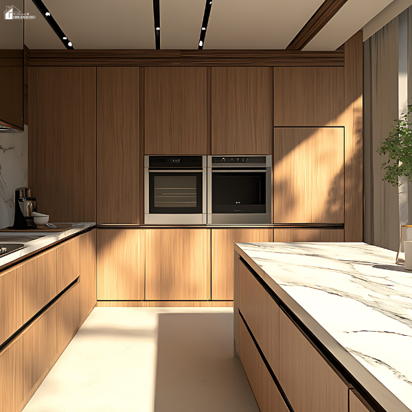 A small, modern kitchen features sleek wood RTA cabinets and a marble island, showing how smart upgrades can maximize style and storage.