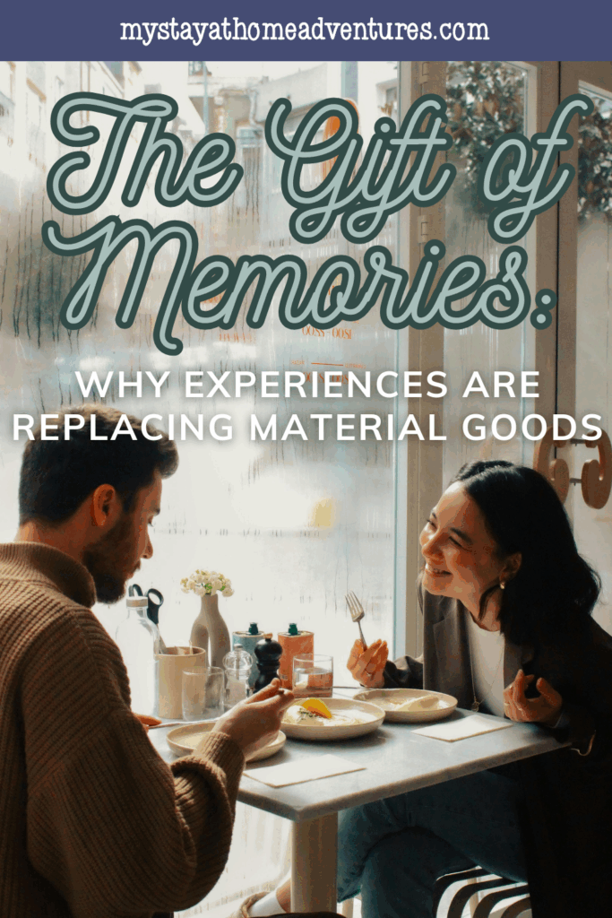 Two people enjoy a casual meal together, emphasizing the emotional value of shared moments as memorable alternatives to material presents.