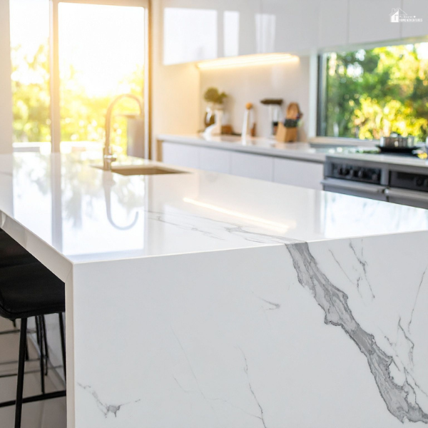 Sunlit kitchen island showcasing advanced surface technology that mimics natural stone with stunning clarity and movement.