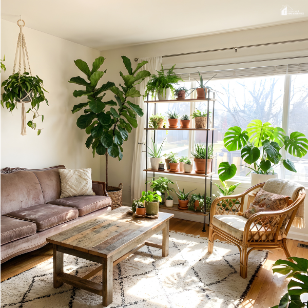 A bright living room showcases how thoughtful plant placement can help transform a home into a lush indoor oasis.