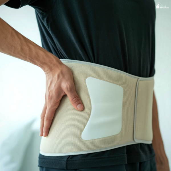 A person wearing a compression back brace over a black shirt, shown from the waist up.