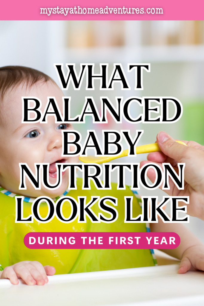 Close-up of a baby in a bib eating from a spoon during a feeding session focused on healthy first-year nutrition.