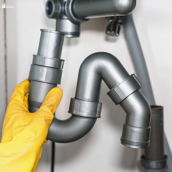 A person wearing a rubber glove removes a pipe section under the sink, symbolizing how hydro jetting targets buildup inside plumbing.