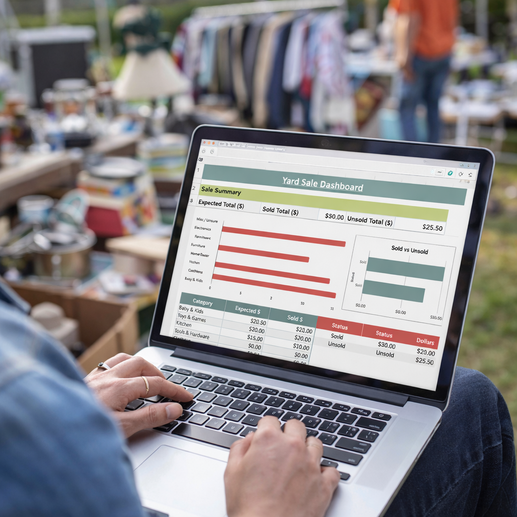 person using a yard sale dashboard spreadsheet on a laptop to track sold vs unsold items, prices, and totals while sitting at an outdoor yard sale with clothing racks, household items, and tables in the background