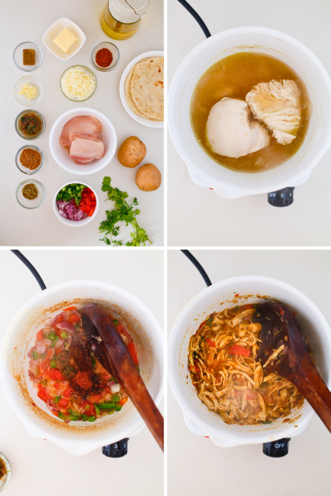 Step-by-step collage showing Puerto Rican chicken tacos with mashed potatoes, including raw ingredients, simmered chicken, sautéed peppers and seasonings, and shredded chicken filling cooking in a pot.