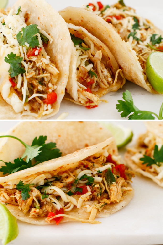Puerto Rican chicken tacos with mashed potatoes, shredded chicken, red and green peppers, melted cheese, and fresh cilantro in soft tortillas served with lime wedges.