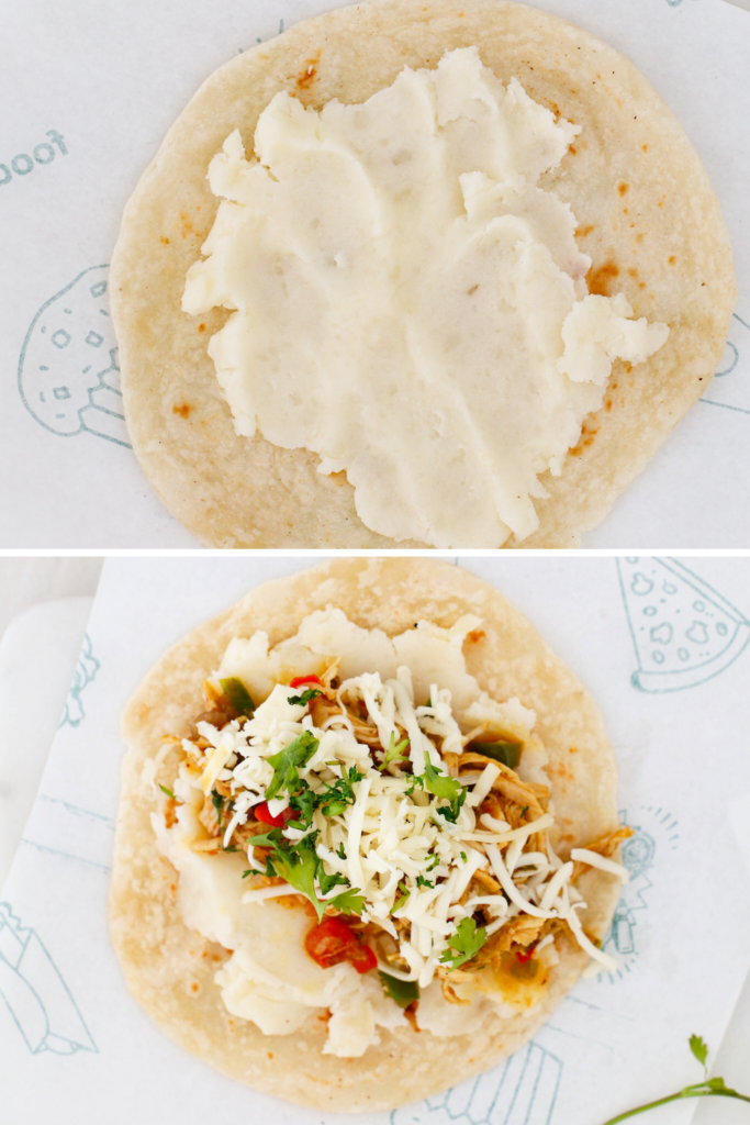 Step-by-step image of Puerto Rican chicken tacos with mashed potato spread, showing soft tortilla layered with mashed potatoes and topped with seasoned shredded chicken, peppers, cheese, and fresh cilantro.