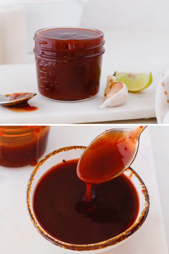 Homemade Puerto Rican guava BBQ sauce in a glass jar and bowl, smooth sweet and tangy Caribbean barbecue sauce made with guava paste, perfect glaze for grilled chicken, pork, ribs, and pinchos