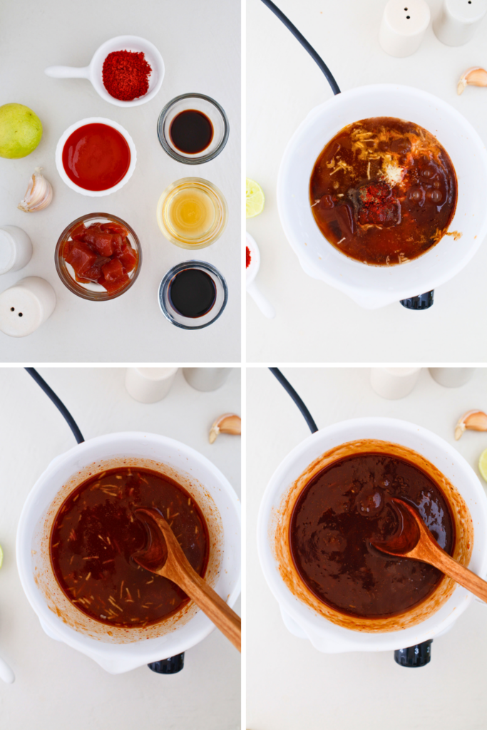 Step-by-step Puerto Rican guava BBQ sauce recipe showing guava paste, lime juice, garlic, soy sauce, and spices simmering into a sweet and tangy homemade Caribbean barbecue sauce in a saucepan