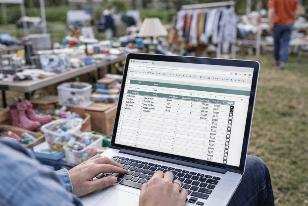 person using a yard sale spreadsheet on a laptop to track items, prices, and sold items during an outdoor yard sale with clothes, toys, and household items displayed on tables
