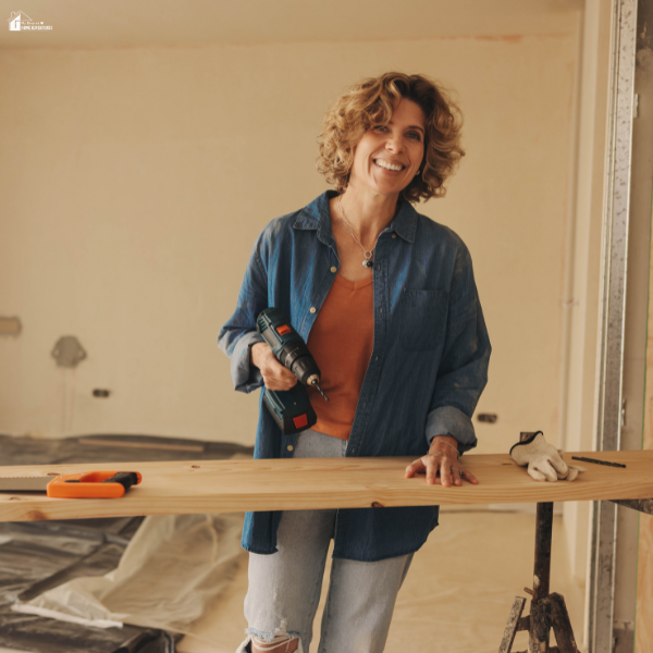 Woman holding a power drill while working on a home renovation project, showing the balance between business responsibilities and home makeover tasks.
