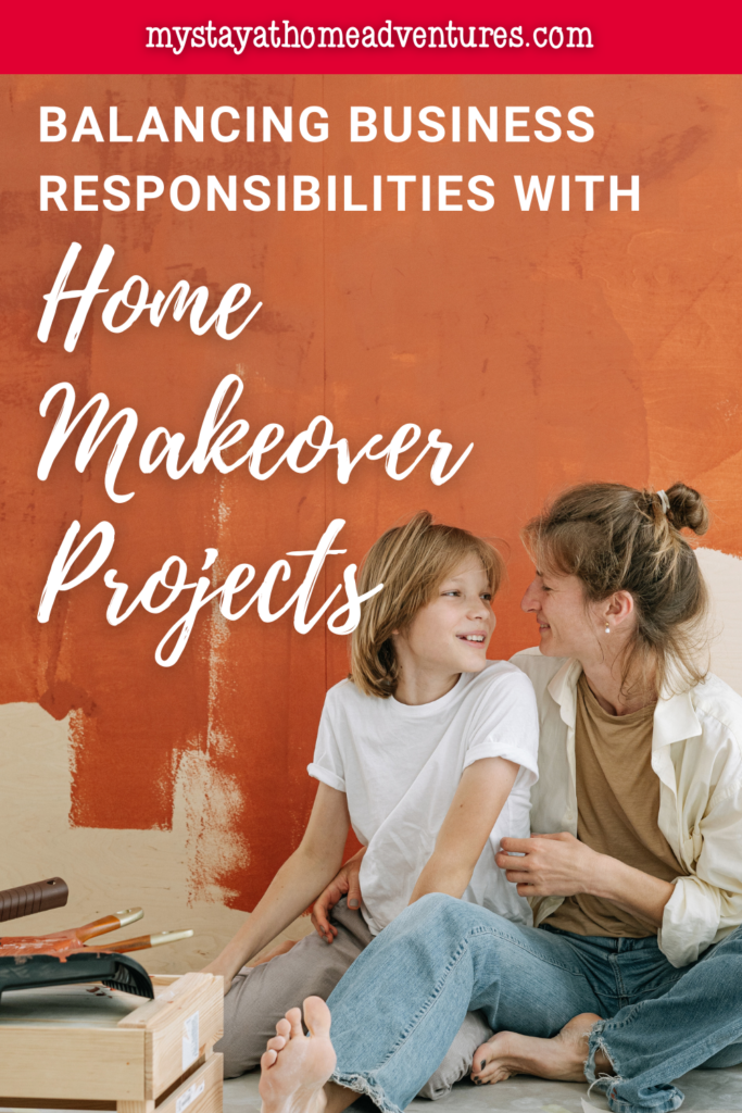 Parent and child sitting on the floor near painting supplies during a home renovation, representing balancing family life, work, and home makeover projects.