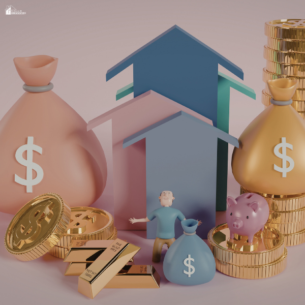 Illustration of money bags, coins, and a house symbol representing financial planning and asset division during a marital separation.