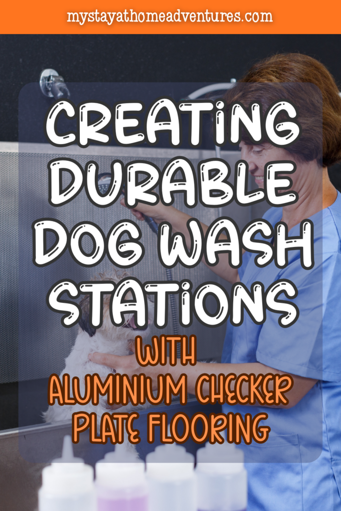 Groomer washing a small dog in a wash station, demonstrating a practical and durable design with aluminium checker plate flooring for pet care.
