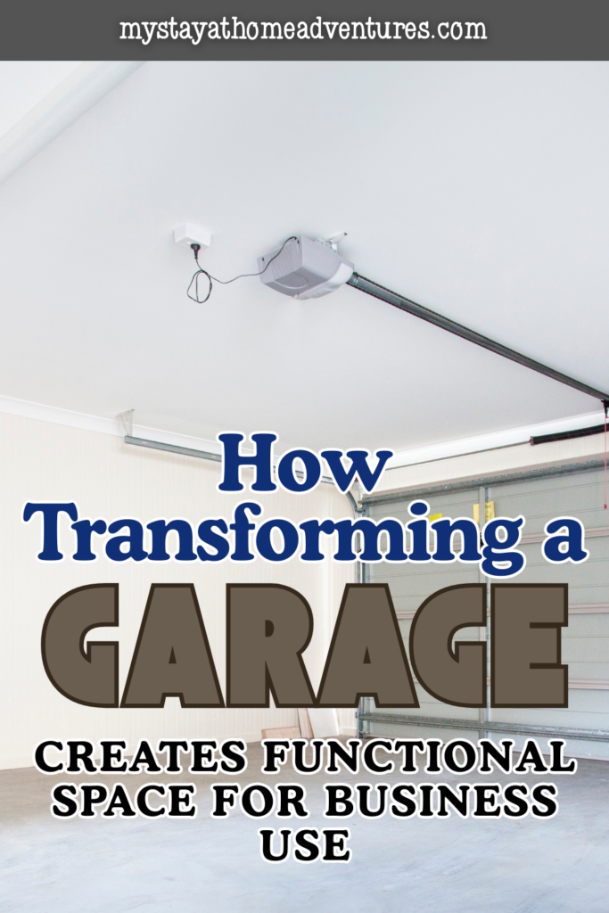 Clean finished garage with modern opener and bright lighting, ideal for creating a functional space for business use.
