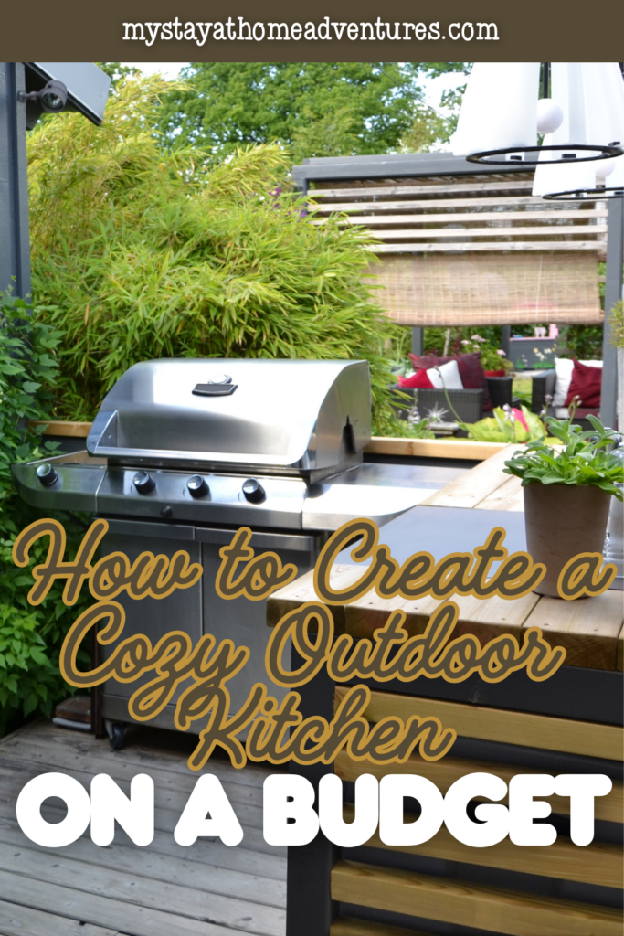 Backyard grilling area with a compact grill and wooden counter setup showing a cozy outdoor cooking space designed for budget-friendly entertaining.