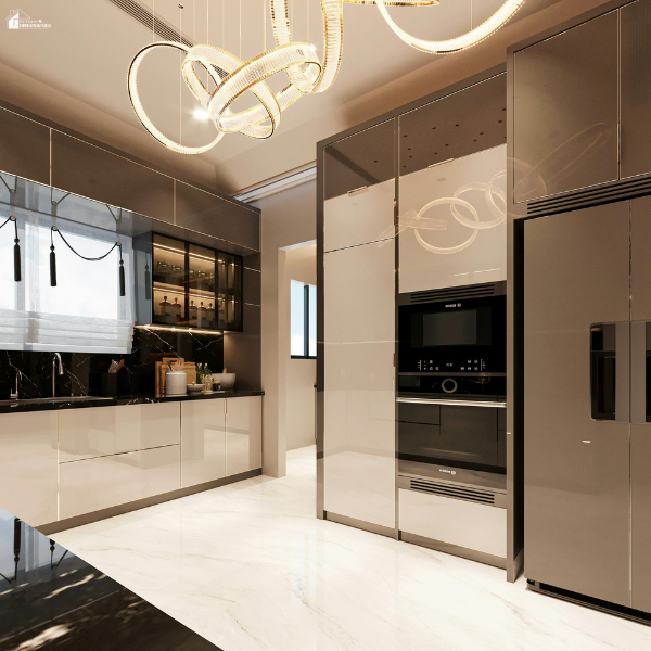 Modern kitchen with energy-efficient appliances and bright lighting, representing smart home upgrades that lower utility bills and support a healthier living space.