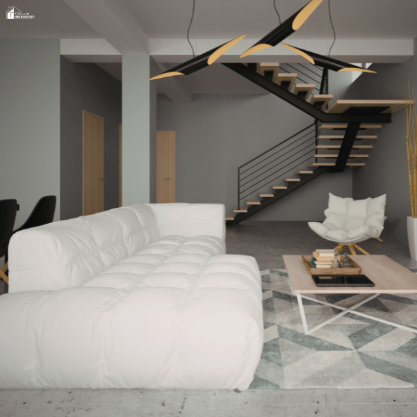 Contemporary open living space with a plush sectional sofa arranged for relaxed conversation and comfortable lounging.