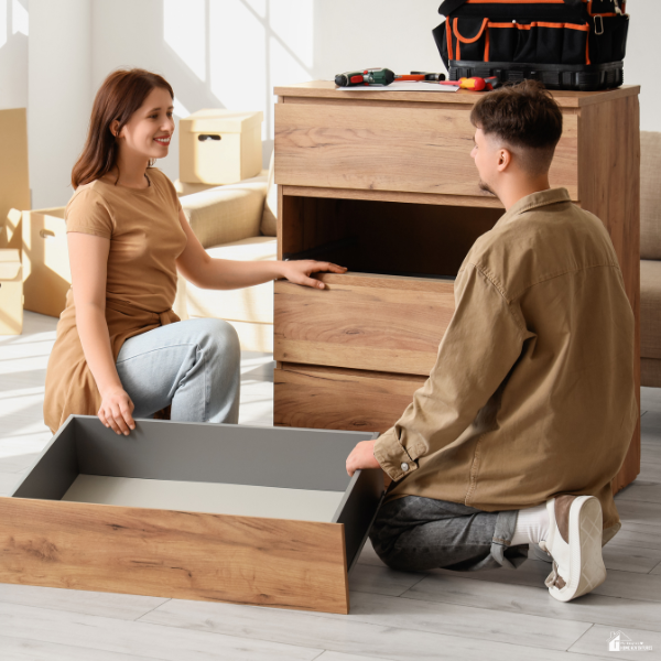 Couple assembling a wooden dresser with tools at home, showing small DIY fixes that make daily living easier and more organized.