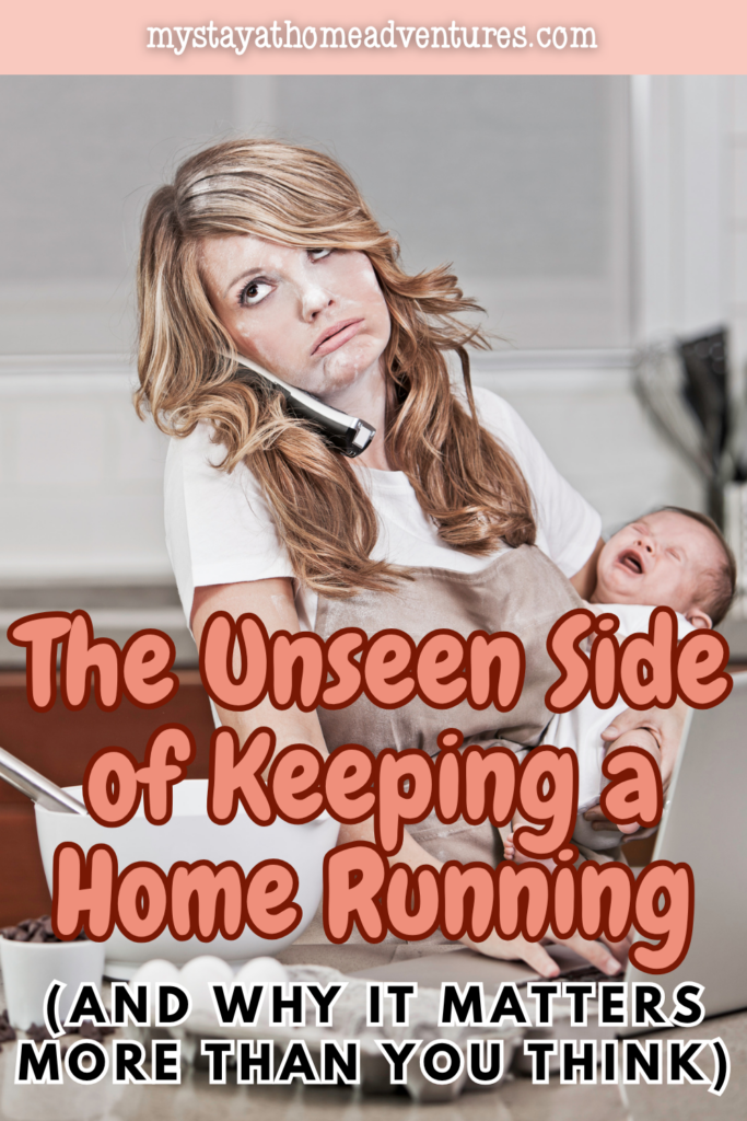 Tired parent holding a baby while multitasking in the kitchen, representing the unseen side of keeping a home running and managing daily demands.