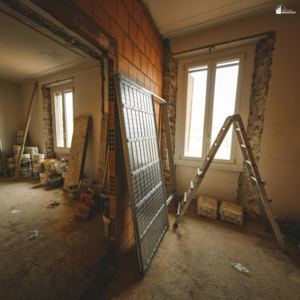 Room under home renovation with exposed walls, tools, and materials showing progress on a budget-friendly improvement project.