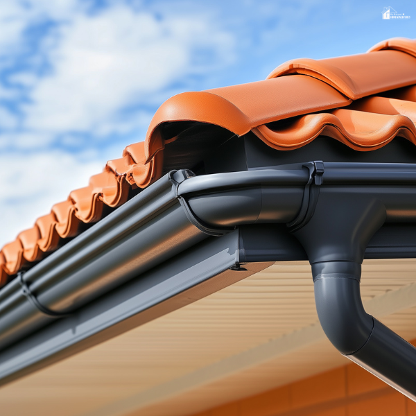 Durable roof tiles and gutter system installed on a home, highlighting long-lasting materials that support strong roofing performance.