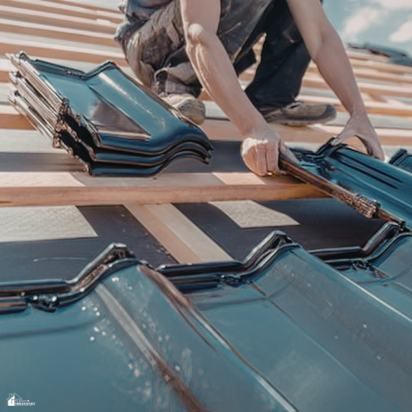 Worker installing roofing tiles on a house, showing construction quality that contributes to long-term property value.