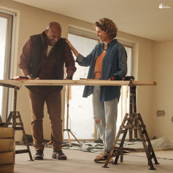 Couple reviewing wood materials and measurements during a home remodeling project, showing planning and collaboration for better results.