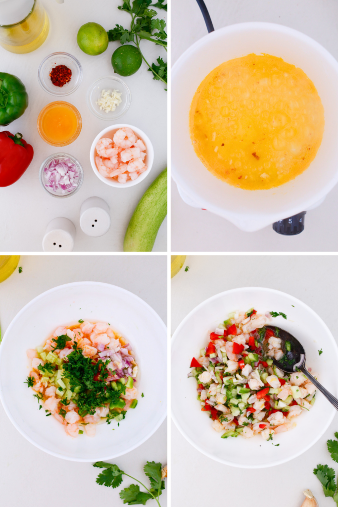 Step-by-step shrimp escabeche recipe showing citrus marinade, fresh ingredients, and mixing process for a Puerto Rican cold shrimp recipe with peppers, onion, and cilantro