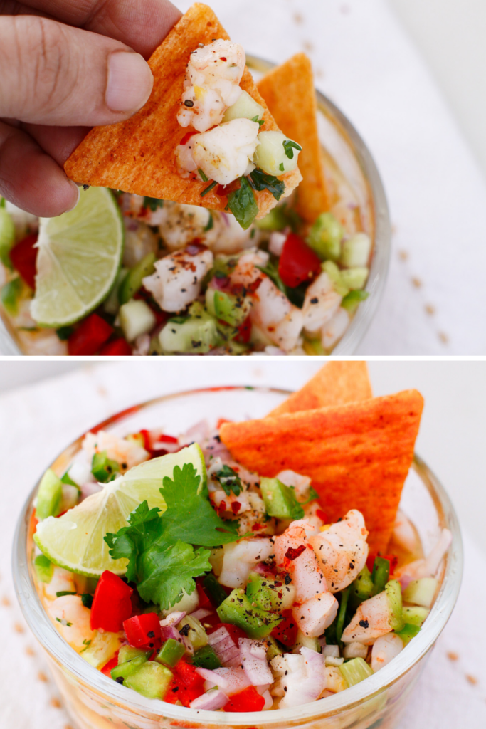 Shrimp escabeche served with tortilla chips, fresh citrus shrimp with peppers, onion, cucumber, and cilantro, an easy seafood recipe and cold shrimp appetizer