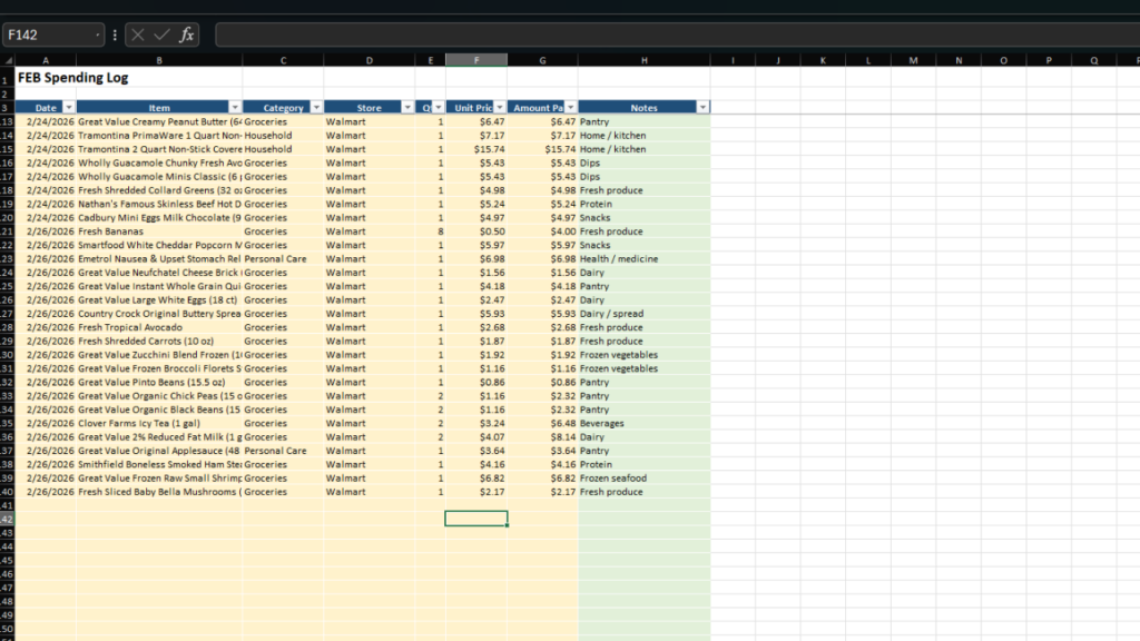 February 2026 real life grocery budget spreadsheet showing detailed grocery spending log with item-by-item purchases, categories, store names, quantities, unit prices, and totals for family grocery budget tracking and monthly expense breakdown.