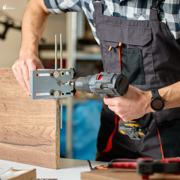 Hands using a power drill to attach hardware to wood, demonstrating a practical home interior improvement task.