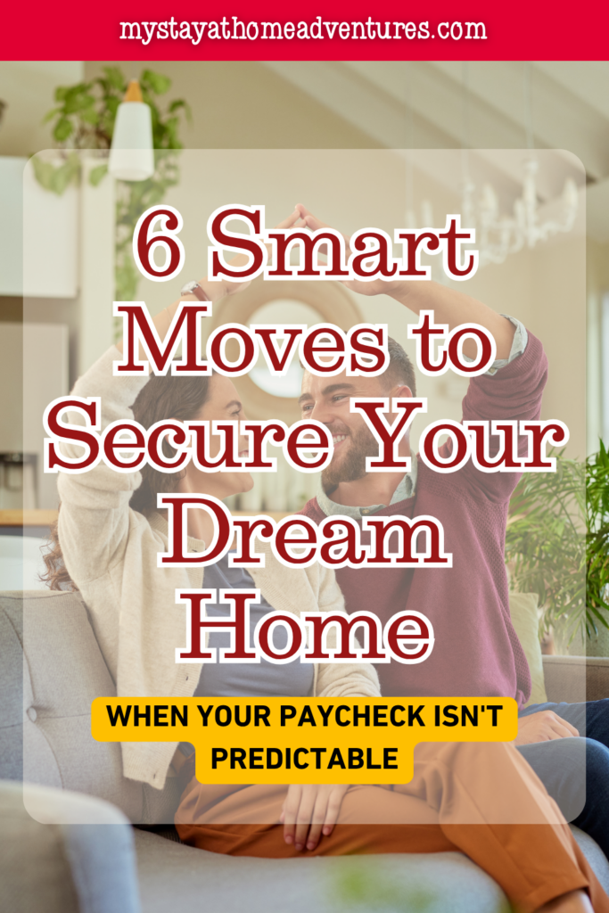 Couple sitting together in a living room forming a house shape with their hands, representing planning to secure a dream home despite unpredictable income.