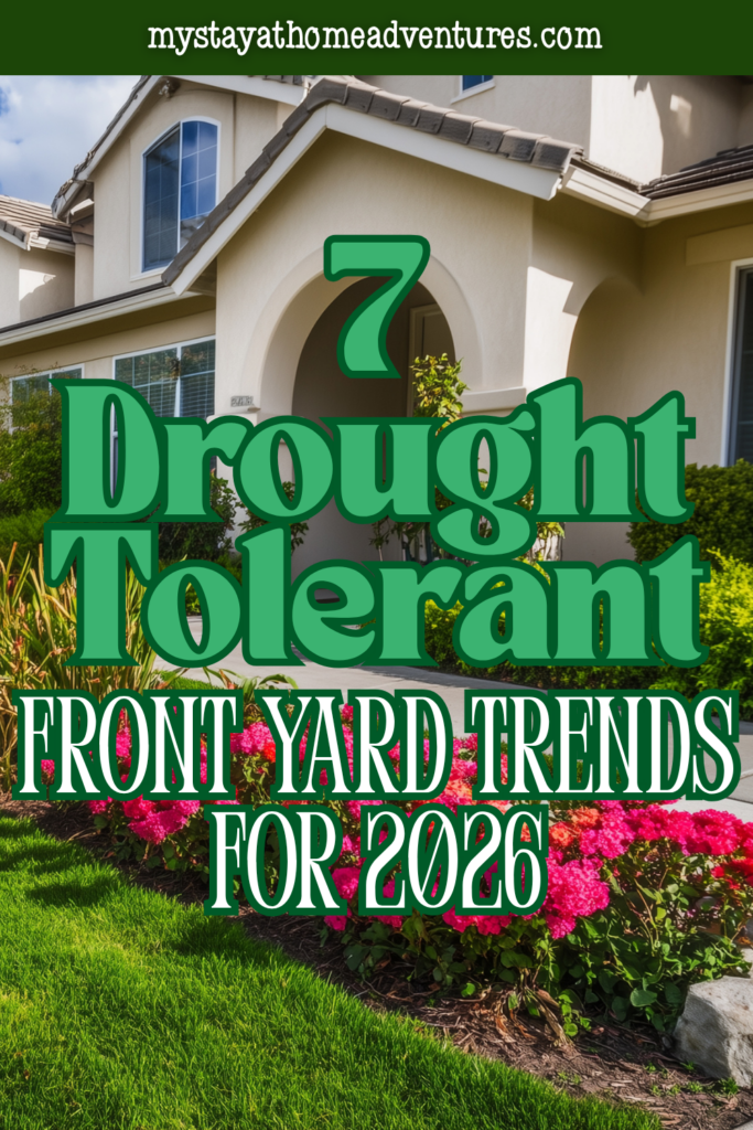 A suburban home with drought tolerant landscaping featuring low-water plants, colorful flowers, and a neat, low-maintenance front yard.