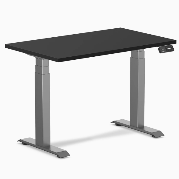 Adjustable Desky standing desk with black desktop and digital controls showing desk height range for short people.