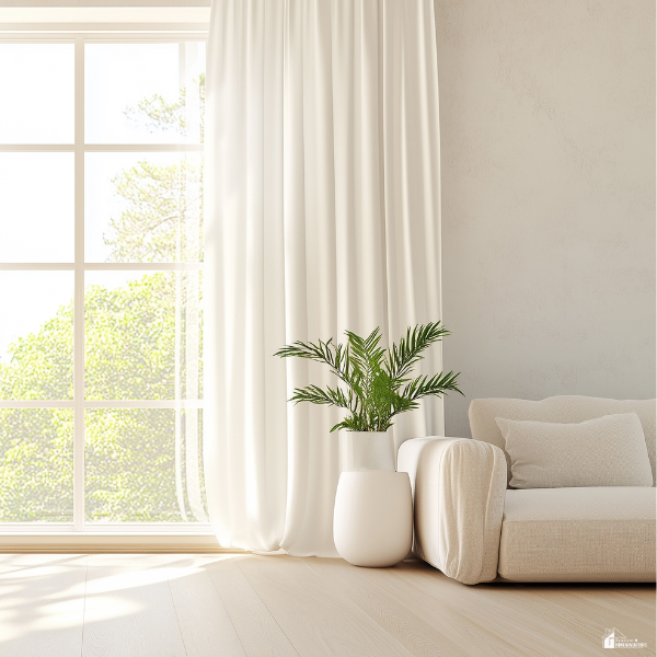 Bright living room with soft curtains, neutral sofa, and indoor plant, showing simple decor choices that create a cozy and inviting atmosphere.