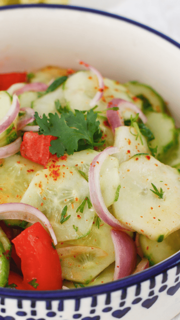 Fresh Ensalada de Pepino cucumber salad in a patterned bowl with sliced cucumbers, tomatoes, red onion, cilantro, and light citrus dressing.