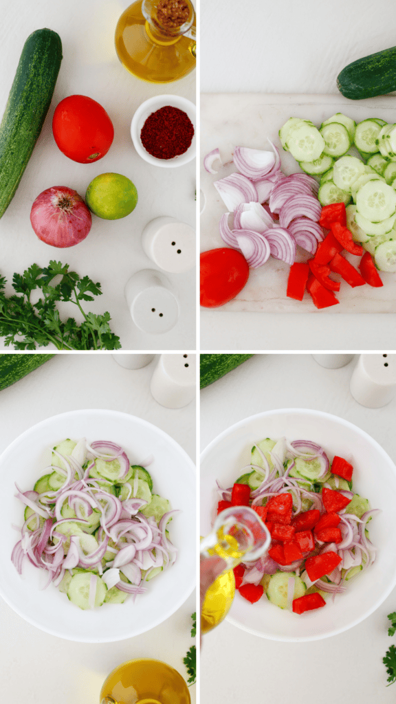 Step-by-step collage of Ensalada de Pepino cucumber salad showing fresh ingredients, sliced vegetables, mixing process, and prepared salad.