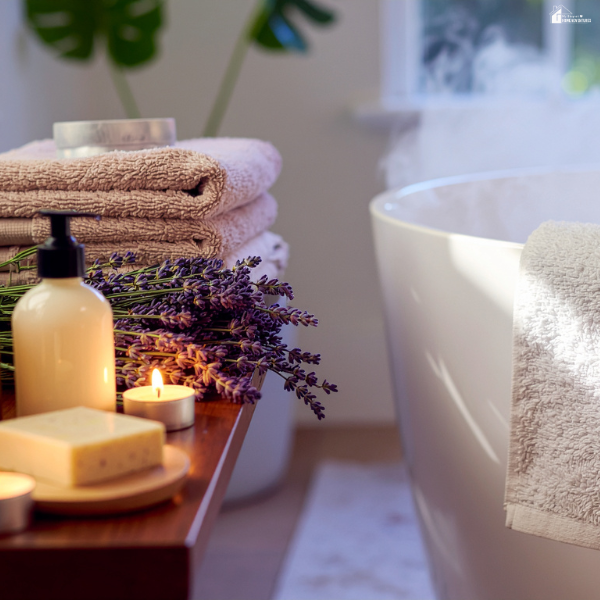 Cozy bathroom setup with candles, folded towels, and natural elements creating a relaxing spa at home atmosphere.