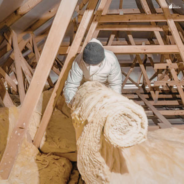 Person installing insulation in an attic space to help prevent moisture buildup and improve home protection during wet seasons.
