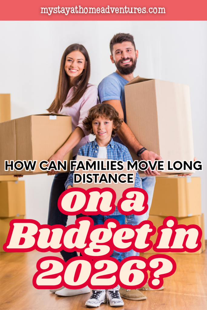 Happy family holding moving boxes and smiling while planning a cost-saving long distance move together.