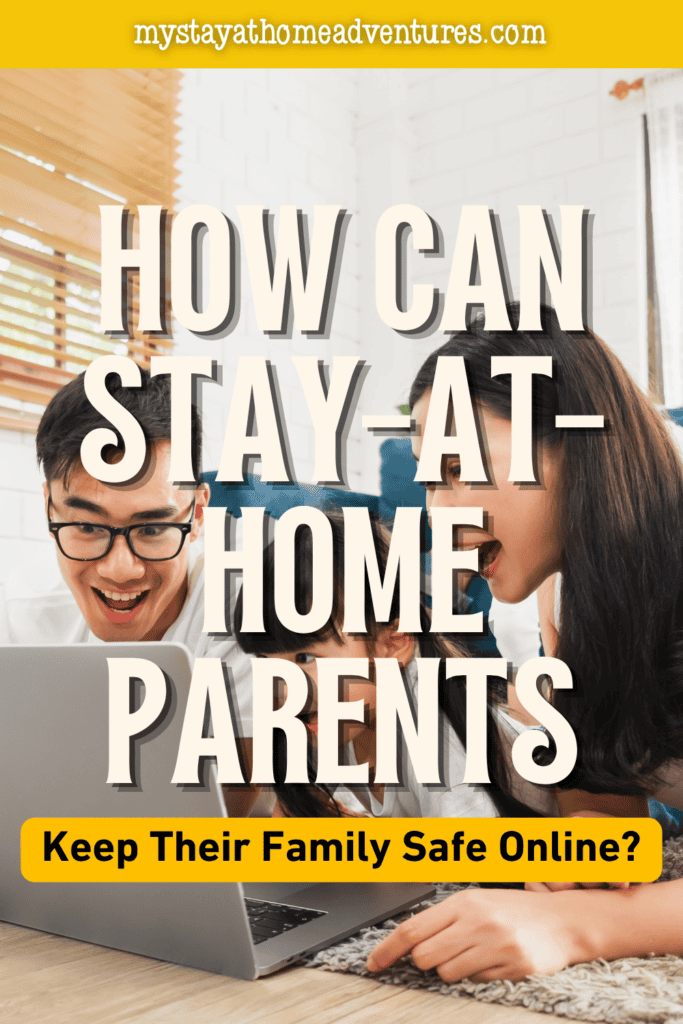 Family gathered around a laptop at home, representing parents helping children stay safe online through shared screen time and supervision.