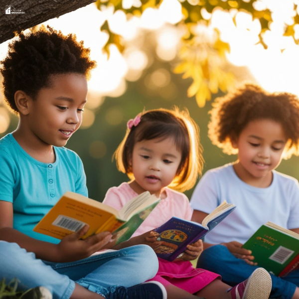Children sitting outside under a tree reading books together in a calm outdoor learning space at home.
